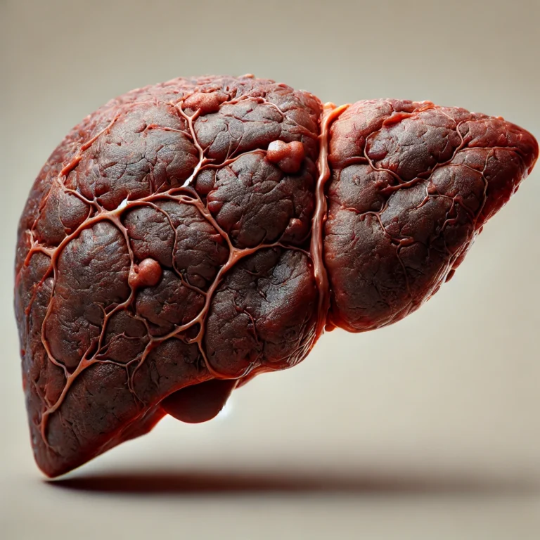 DALL·E-2025-01-29-13.16.18-A-highly-realistic-3D-illustration-of-a-human-liver-with-cirrhosis-showing-a-rough-dark-brown-and-reddish-surface.-The-liver-should-feature-visible-.webp